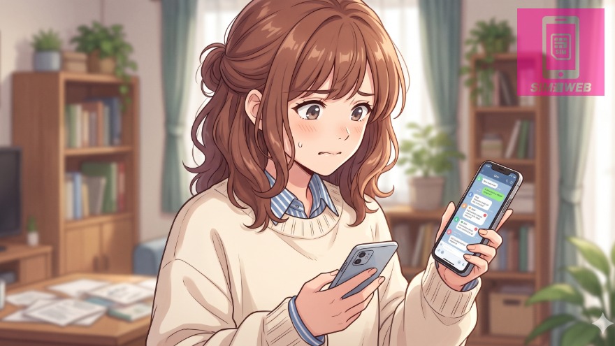 スマートフォンを２台持って悩む女性